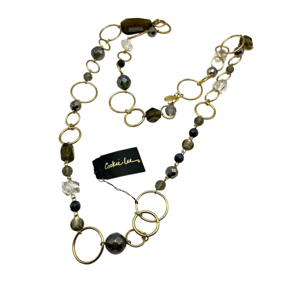 Long Beaded Circle Link Necklace Gold Tone Smoky Brown Eclectic Boho Earthy Chic